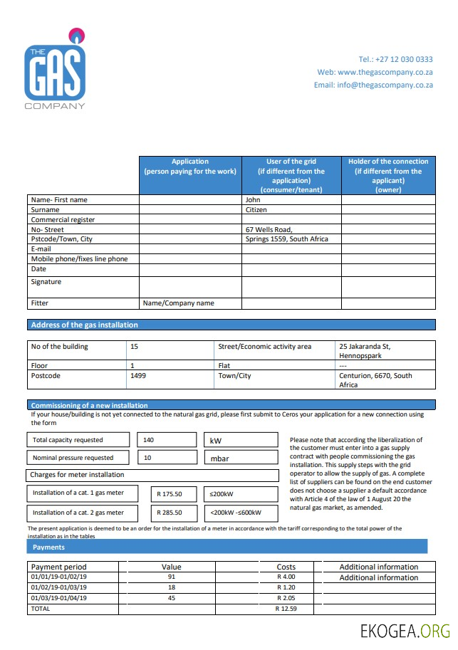 South Africa The GAS Company gas utility bill template in Word and PDF format